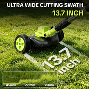 Trimmer cutting head with support wheels on grass