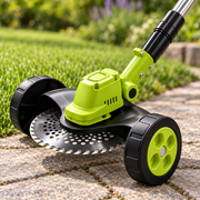 Merano trimmer cutting head and support wheels close-up