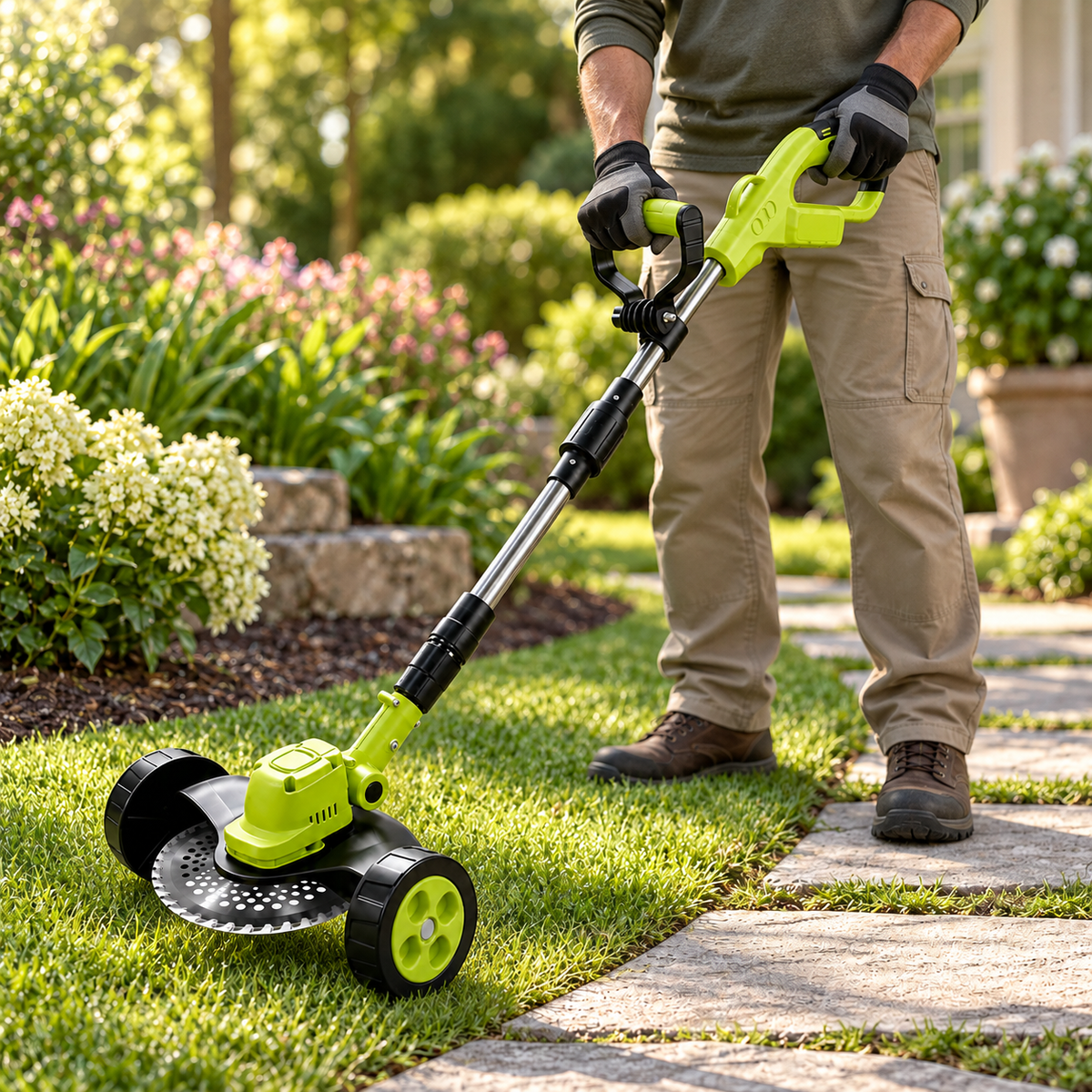 Homeowner holding the Merano cordless weed trimmer beside a garden path