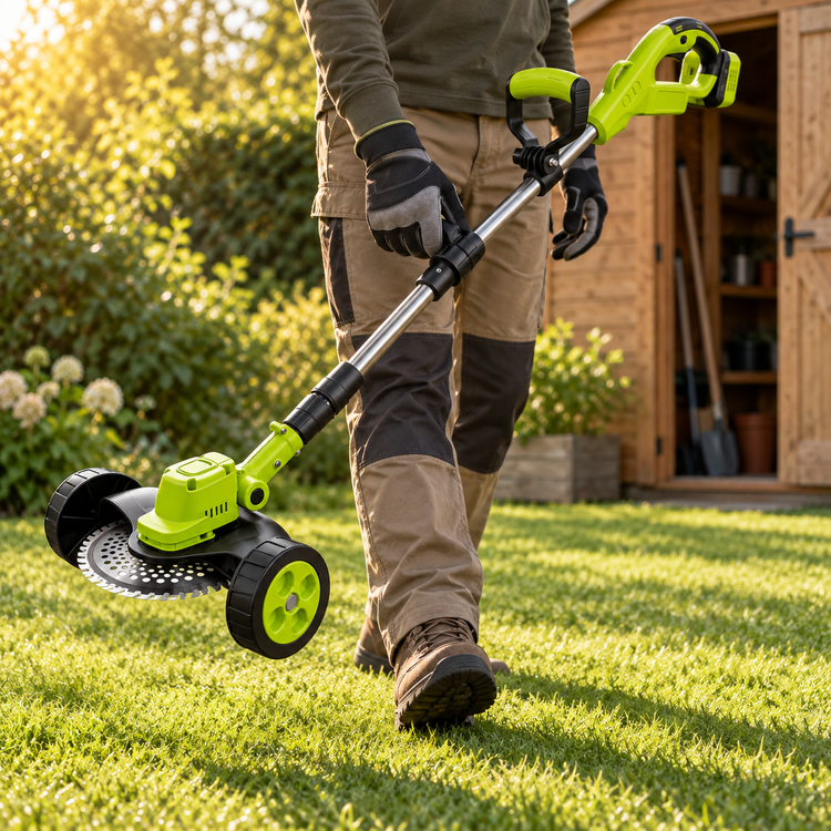 Homeowner carrying the Merano cordless trimmer across the garden