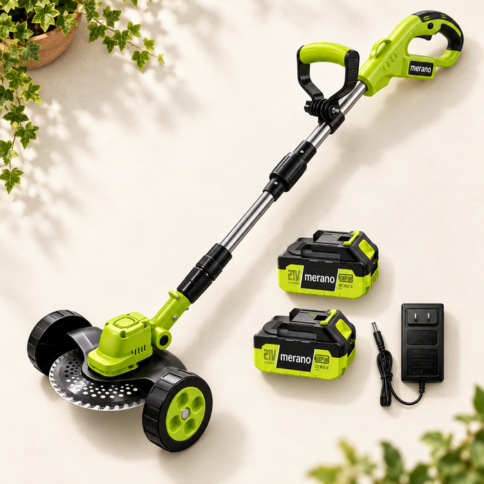 Merano trimmer with two batteries and charger arranged on a pale background